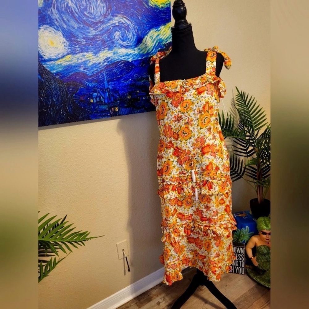 Cleobella Orange Floral Ruffled Asymmetrical Sundress
